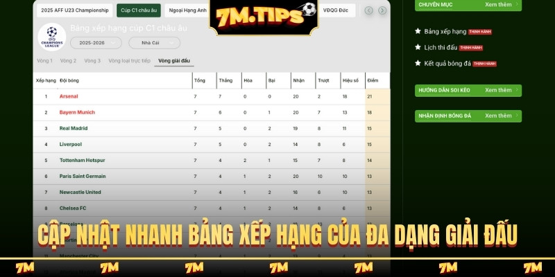 Cập nhật nhanh bảng xếp hạng của đa dạng giải đấu